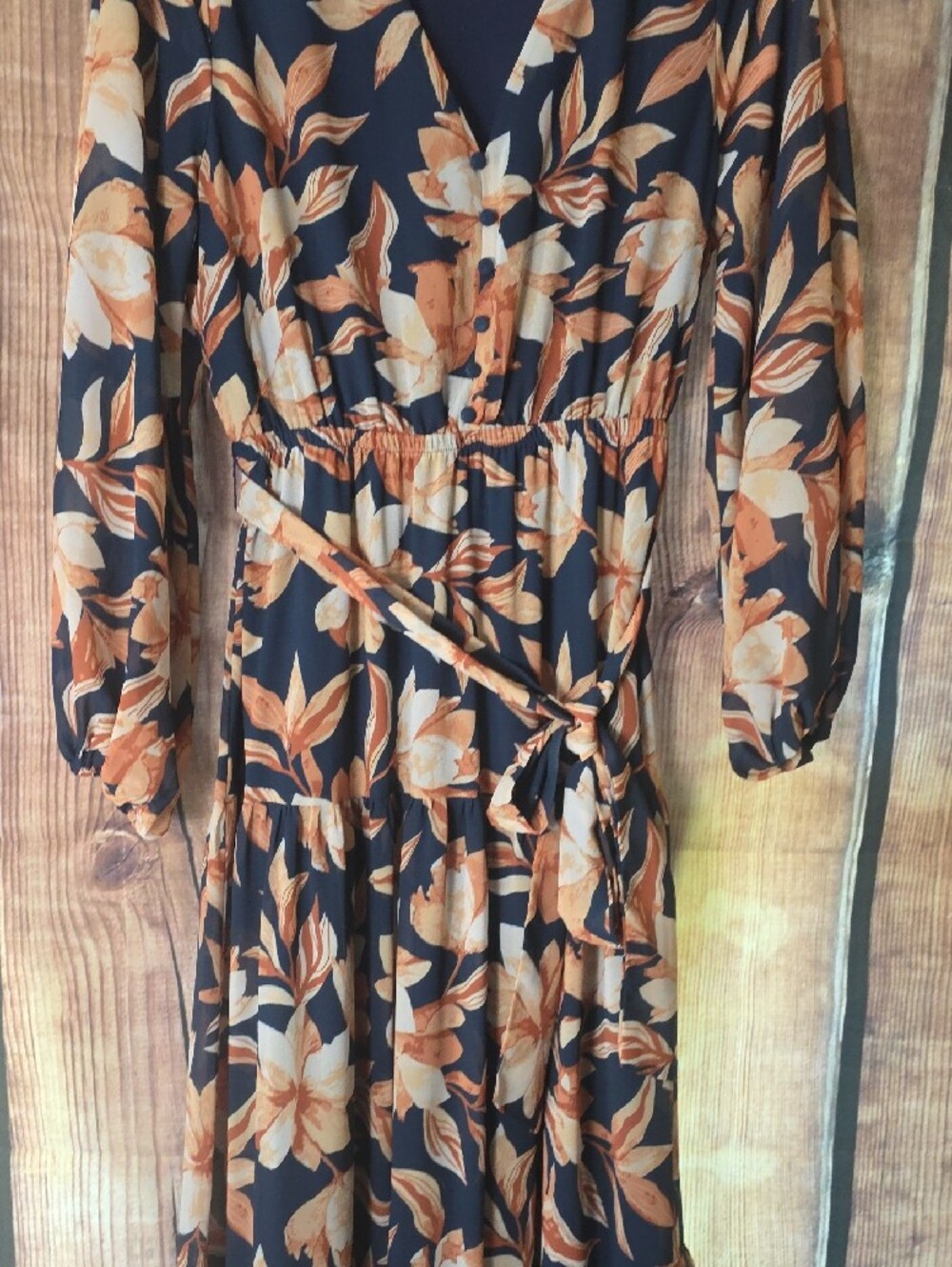 Flying Tomato Large Navy  Dress with Cream & Tan Floral Print - Picture 4 of 14